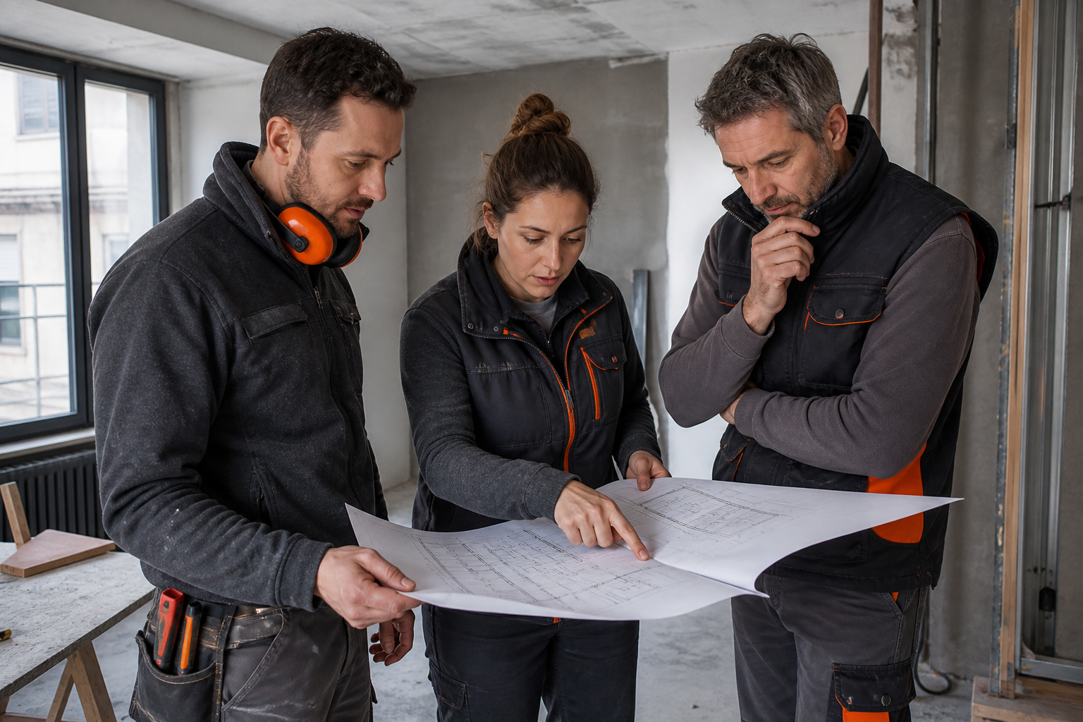 Renovation team briefing on an apartment project site