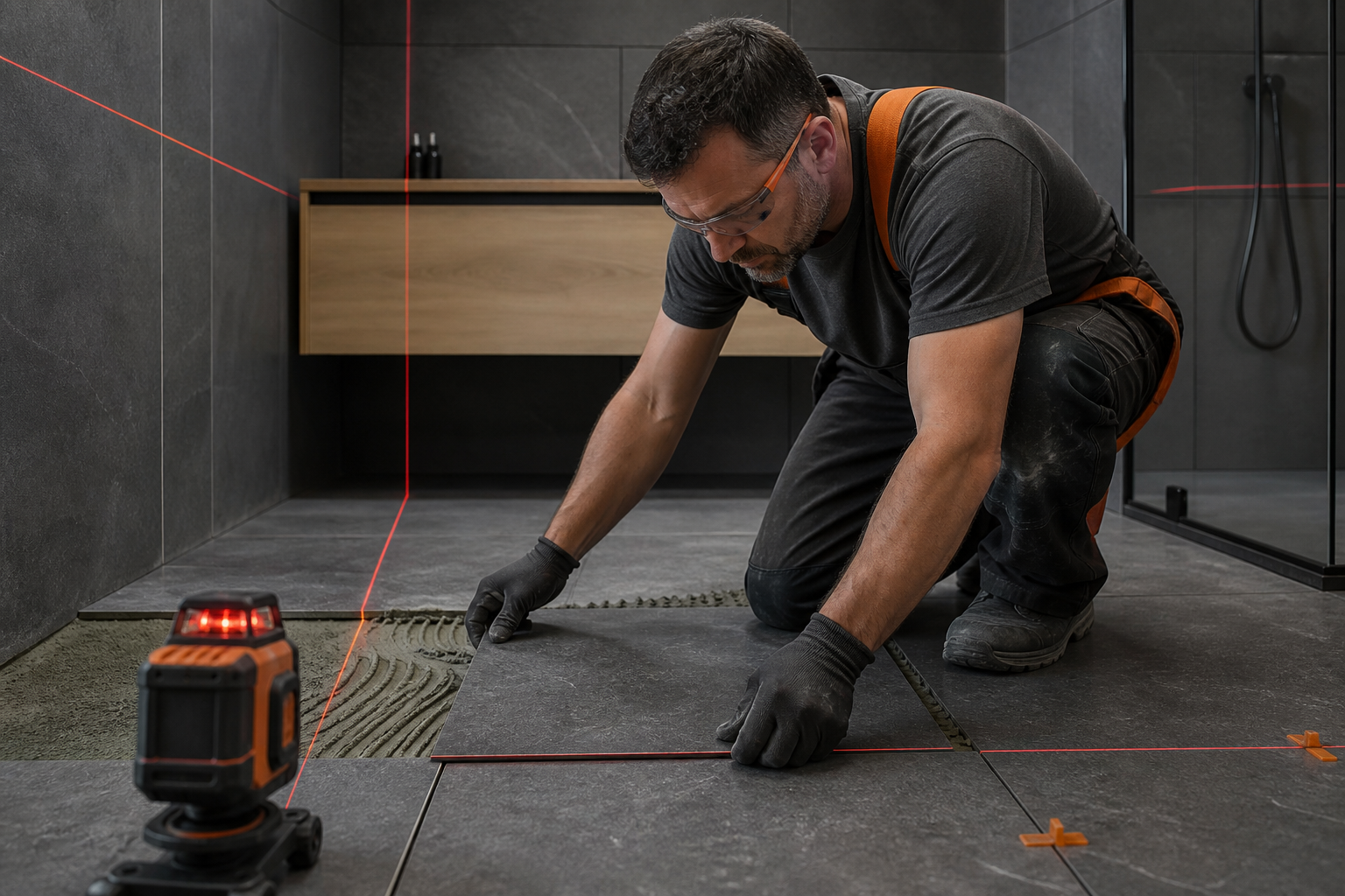 Craftsman aligning tiles with laser level during bathroom renovation