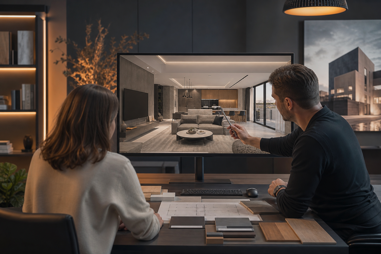Design team reviewing interior renovation renderings