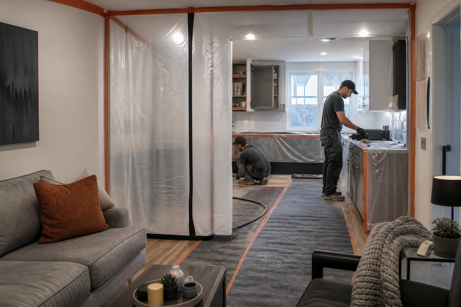 Renovation work in occupied home with dust barriers and floor protection