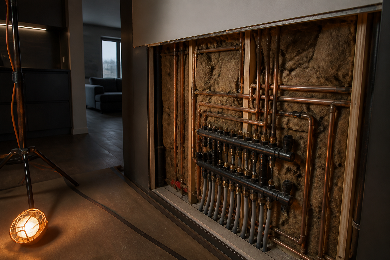 Neatly installed plumbing and heating systems behind opened wall section