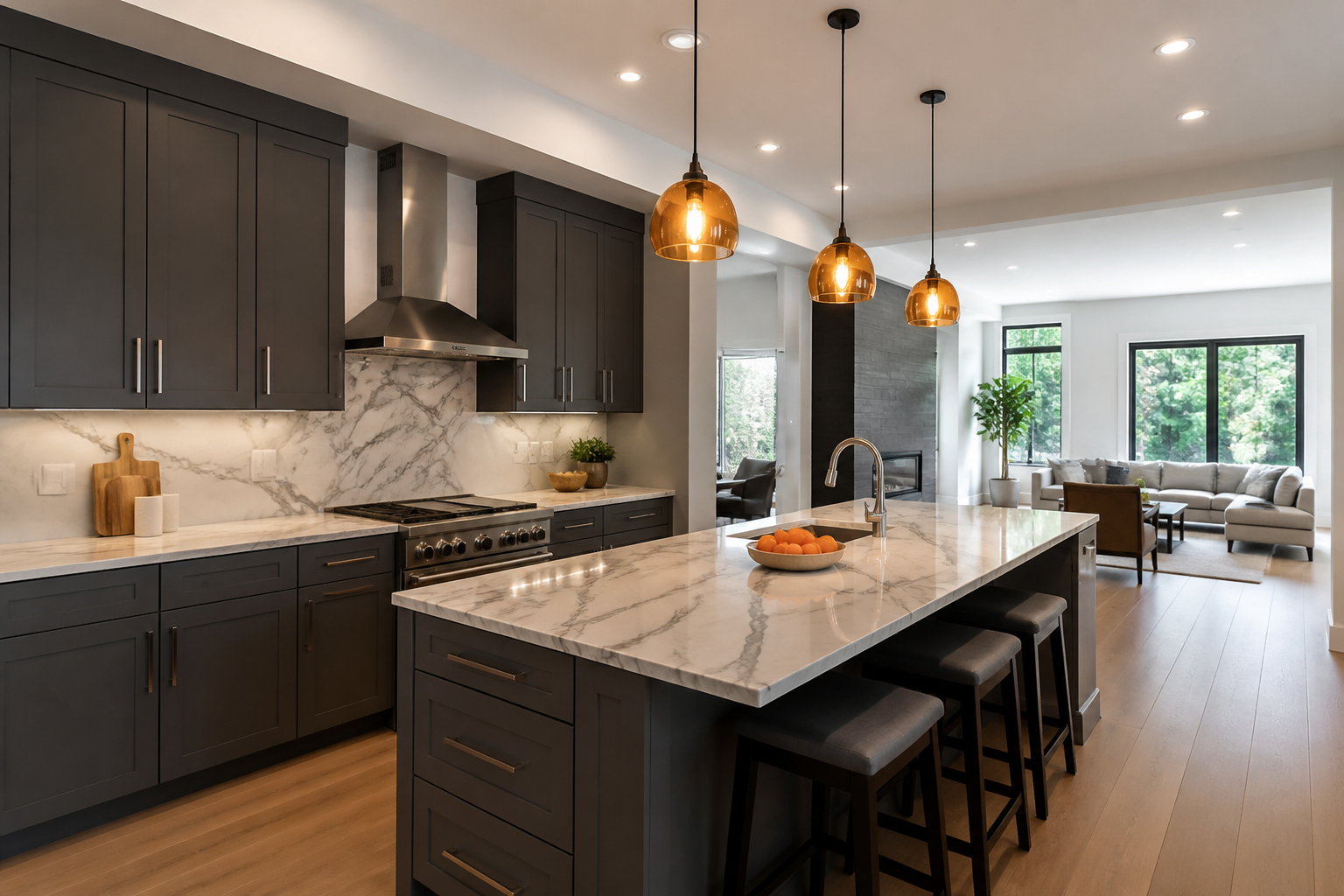 Completed modern interior with graphite cabinets and warm lighting