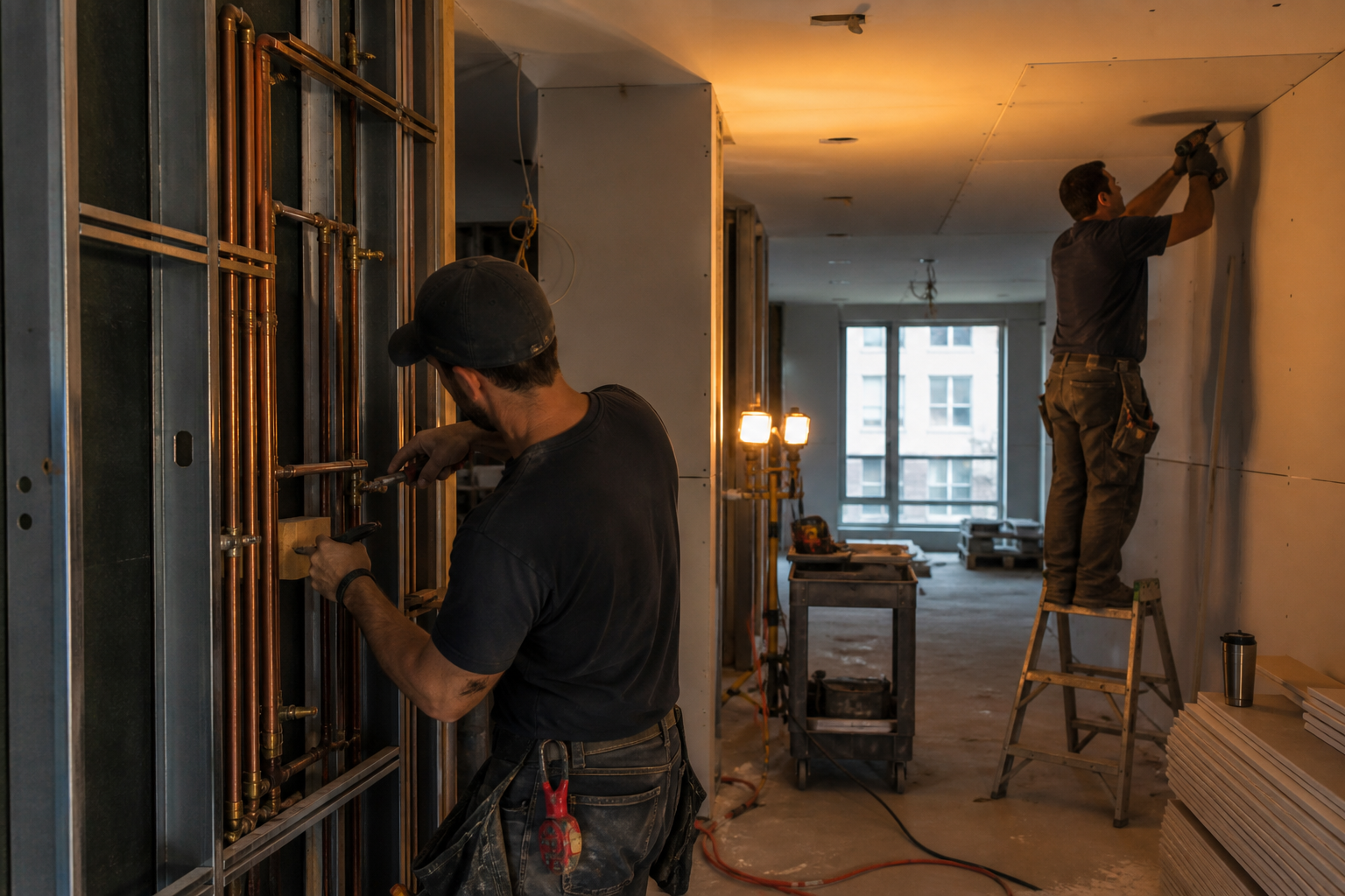 Active renovation build with pipe installation in progress