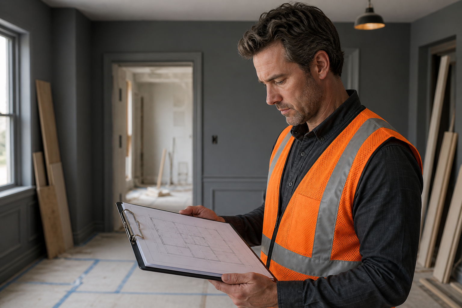 Project manager reviewing renovation plans on site