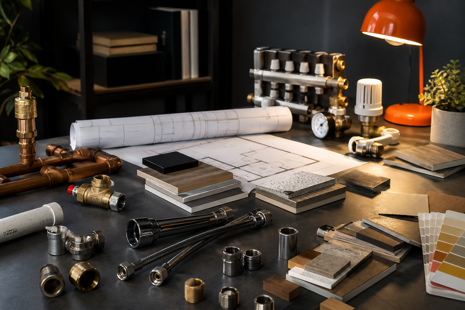 Renovation specification with material samples on desk