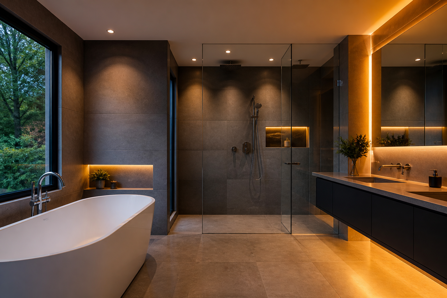 Completed luxury bathroom with freestanding tub and glass shower