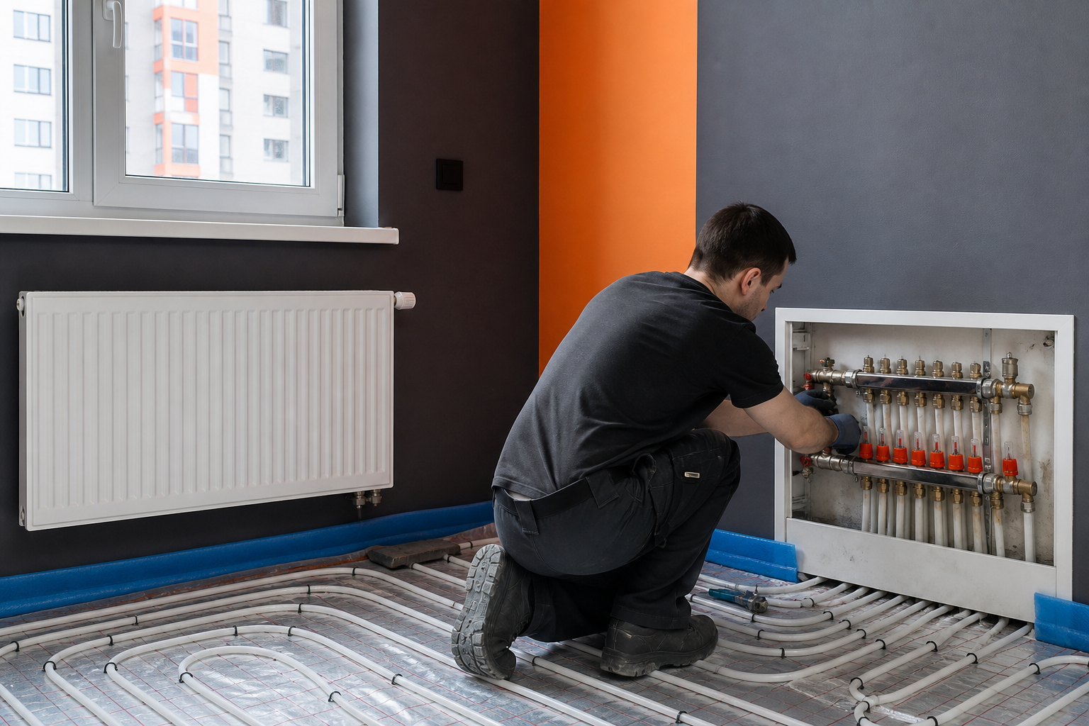 Heating system installation with radiators and manifold
