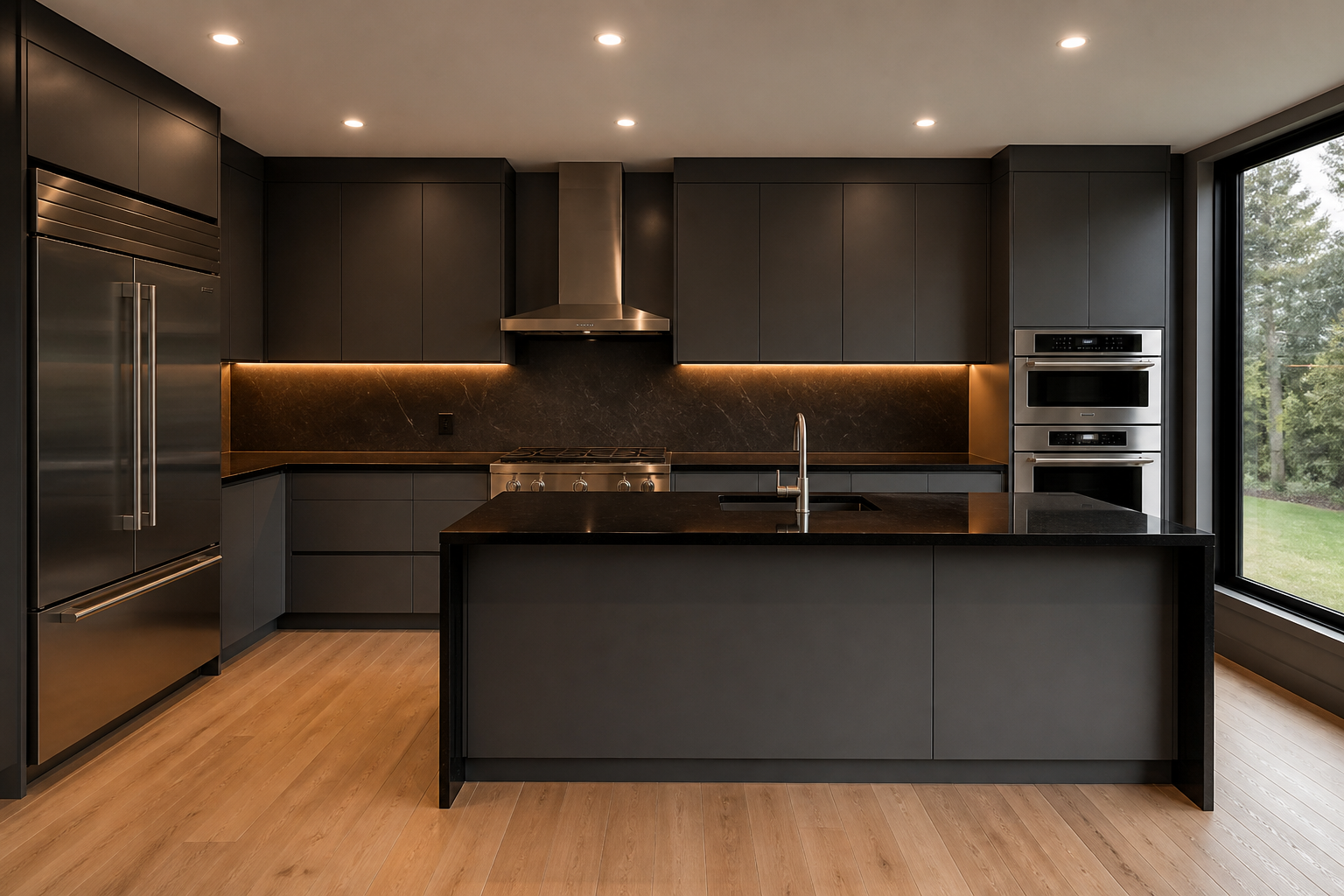 Completed modern kitchen with graphite cabinets and stone countertop