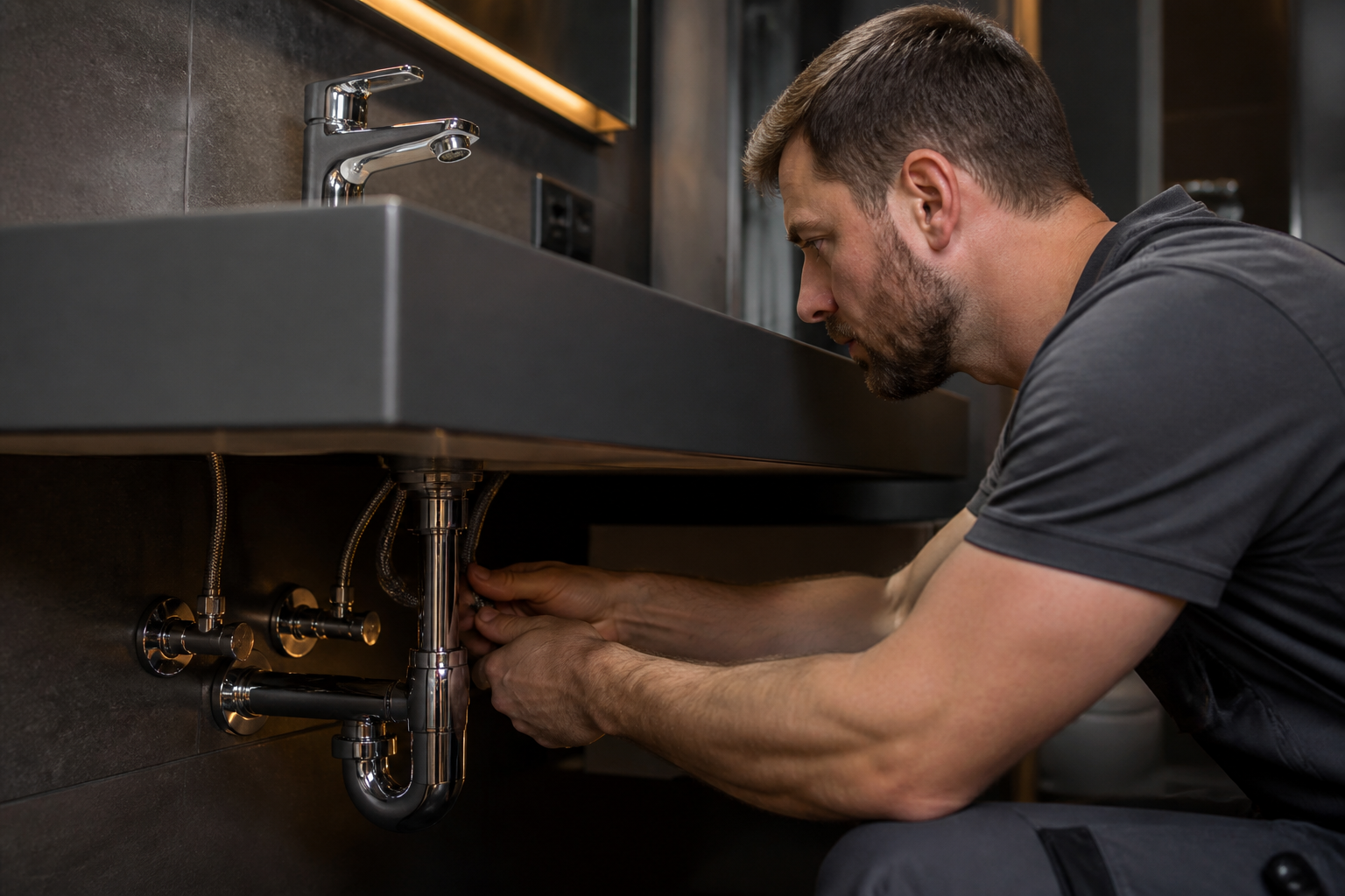Plumber installing chrome faucet and supply lines under vanity